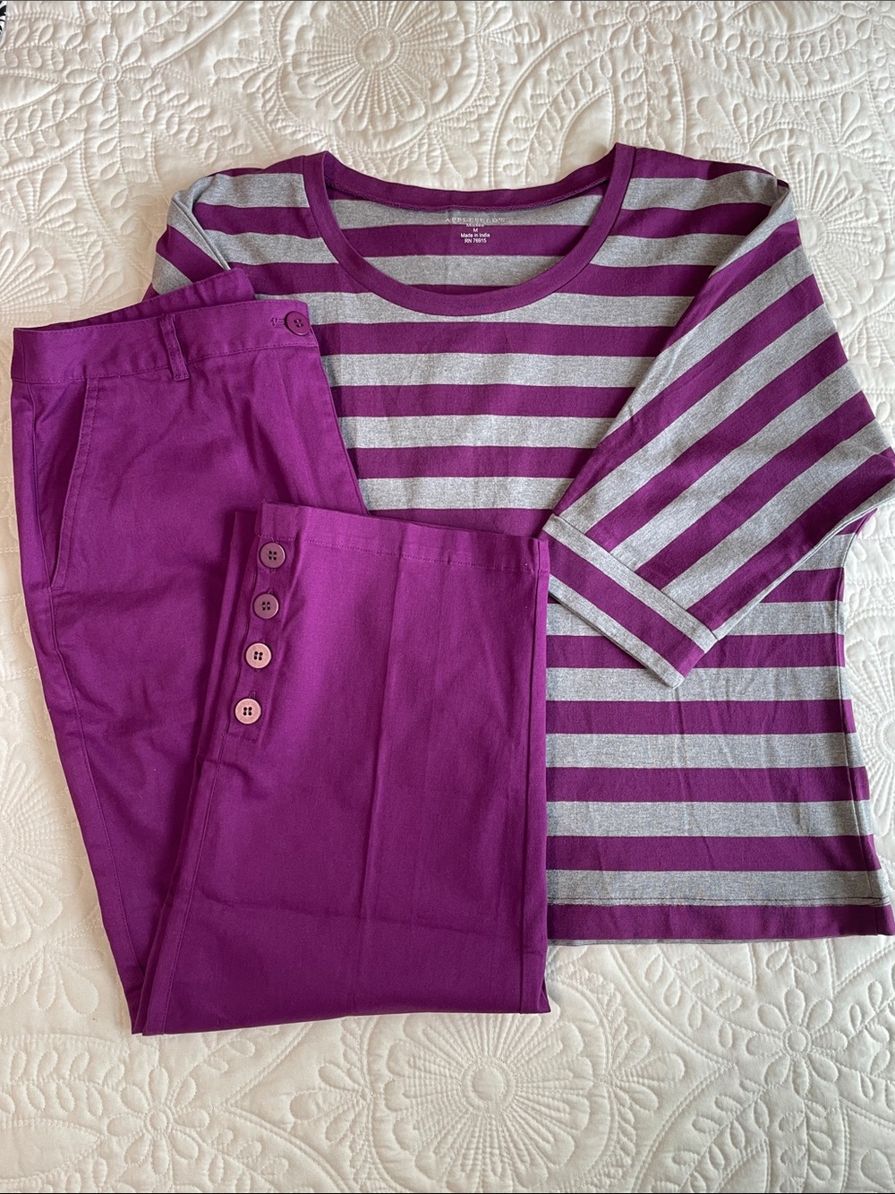 Appleseed’s Purple Striped Top Size Medium with Solid Purple Capris Size 10